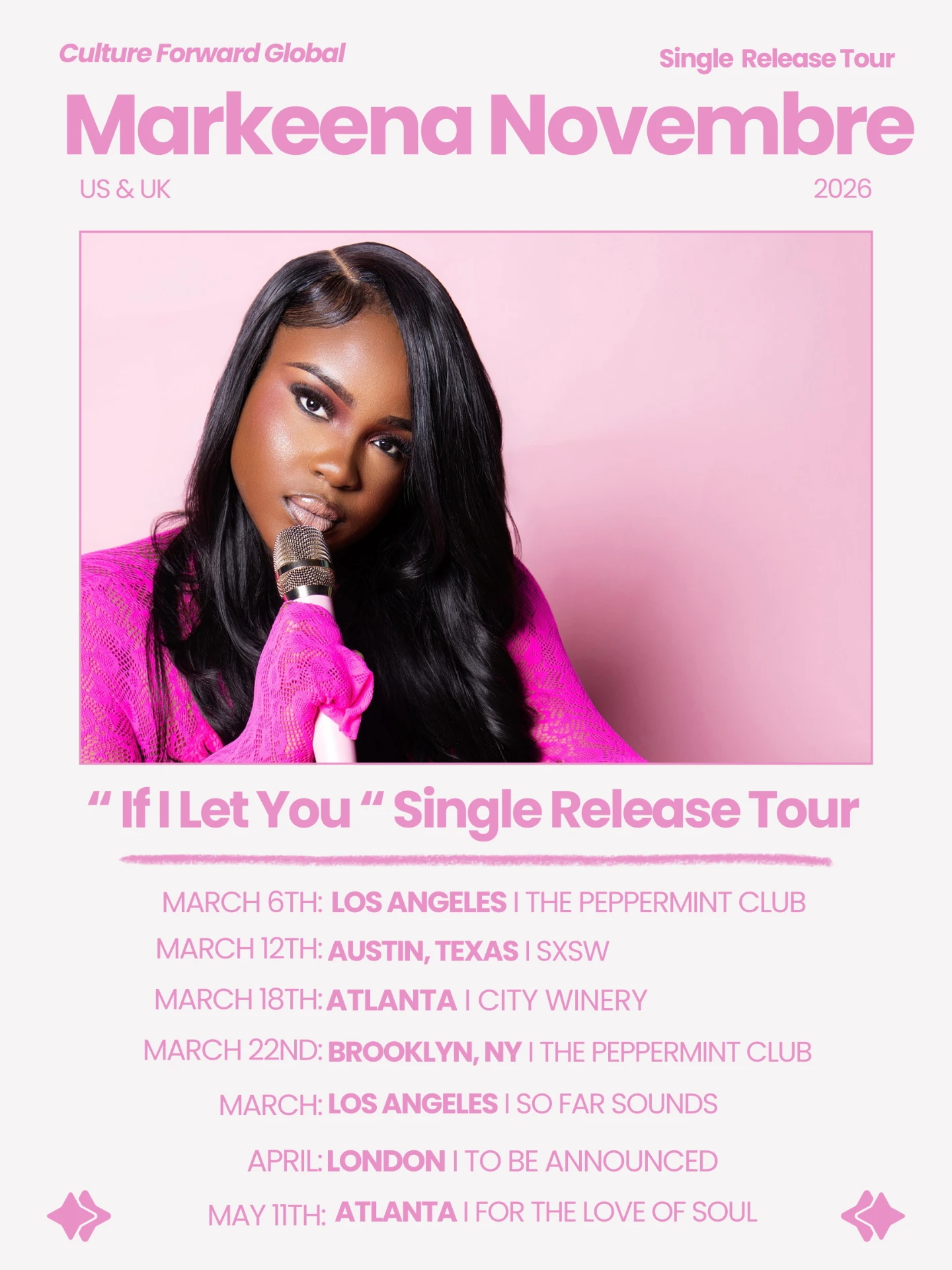 If I Let You Single Release Tour flyer: Markeena Novembre with 2026 dates in Los Angeles, Austin, Atlanta, Brooklyn and London